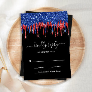 Elegant Blue Red Black Glitzer Patriotic Wedding RSVP Karte