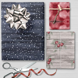 Elegant Blue Red Gray Snowy Berries Weihnachten Geschenkpapier Set
