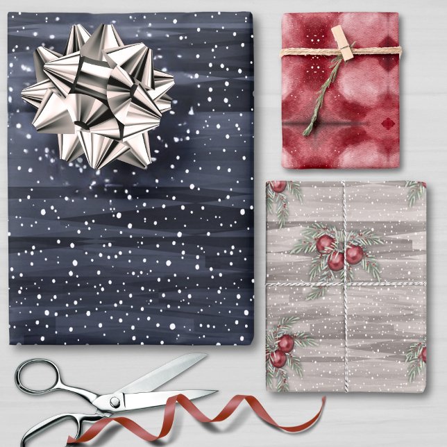 Elegant Blue Red Gray Snowy Berries Weihnachten Geschenkpapier Set (Von Creator hochgeladen)