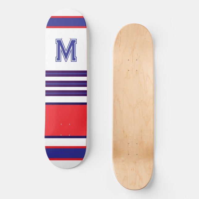 Elegant blue red white stripes monogram skateboard (Vorderseite)