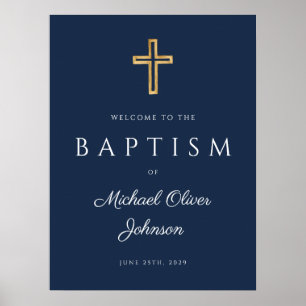 Elegant Blue Religious Cross Boy Baptism Willkomme Poster