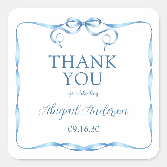Elegant Blue Ribbon Baby Shower Vielen Dank Quadratischer Aufkleber (Vorderseite)