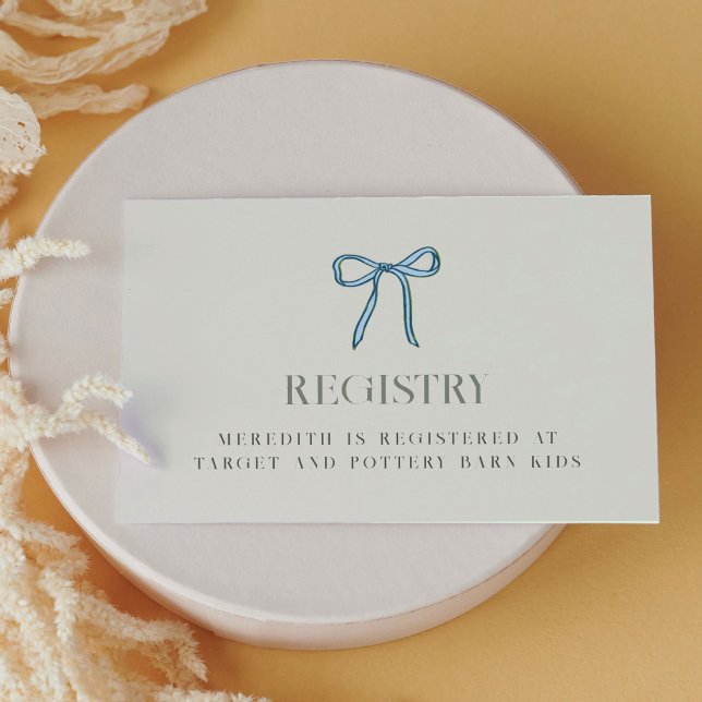 Elegant Blue Ribbon Bow Registry Baby Shower Begleitkarte (Blue ribbon tied in a bow Baby Shower registry enclosure card.)