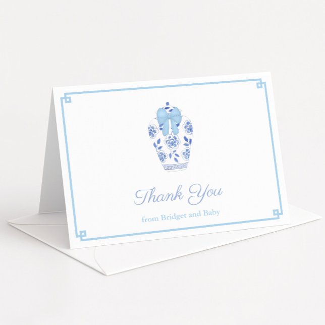 Elegant Blue Ribbon Ginger Jar Baby Boy Shower Dankeskarte (Ginger jar with pale blue bow baby boy shower or wedding shower thank you cards)