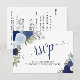 Elegant Blue Rose Blumenkalligraphie Hochzeit RSVP Karte