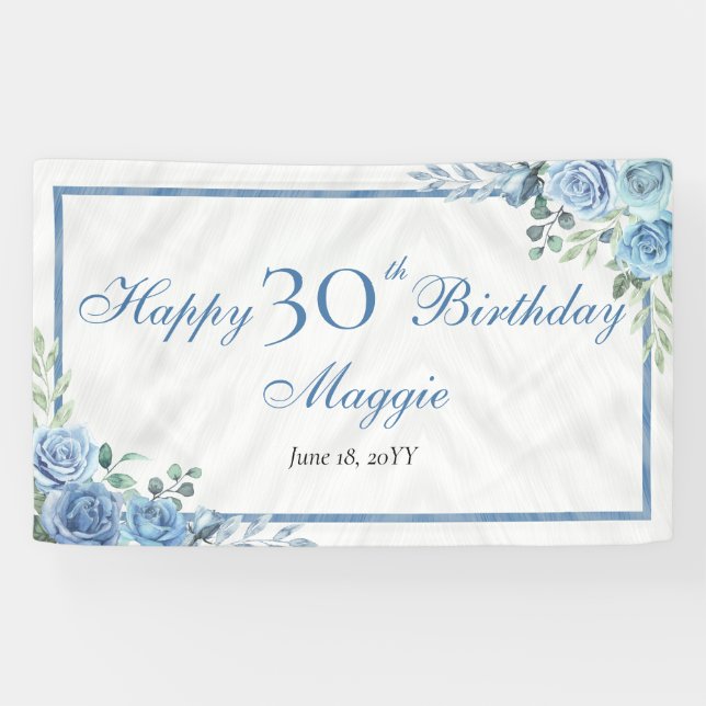 Elegant Blue Rose Blumenrahmen 30. Geburtstag Part Banner (Horizontal)