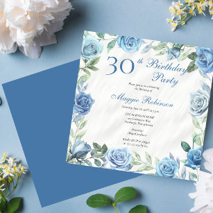 Elegant Blue Rose Blumenrahmen 30. Geburtstag Part Einladung