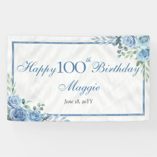 Elegant Blue Rose Floral 100. Geburtstagsparty Banner