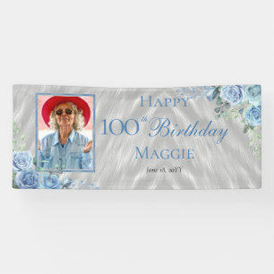 Elegant Blue Rose Floral 100. Geburtstagsparty Banner
