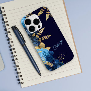 Elegant Blue Rose Gold Leaf Case-Mate iPhone 14 Pro Hülle