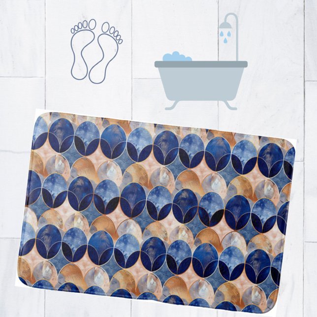 Elegant Blue + Rose Gold Luxury Geometric Pattern Badematte (Add glam luxury to your bathroom with this blue + rose gold oval pattern bathmat.)