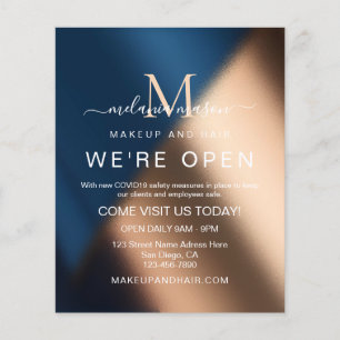 Elegant Blue Rose Gold Wir sind Open Salon Flyer