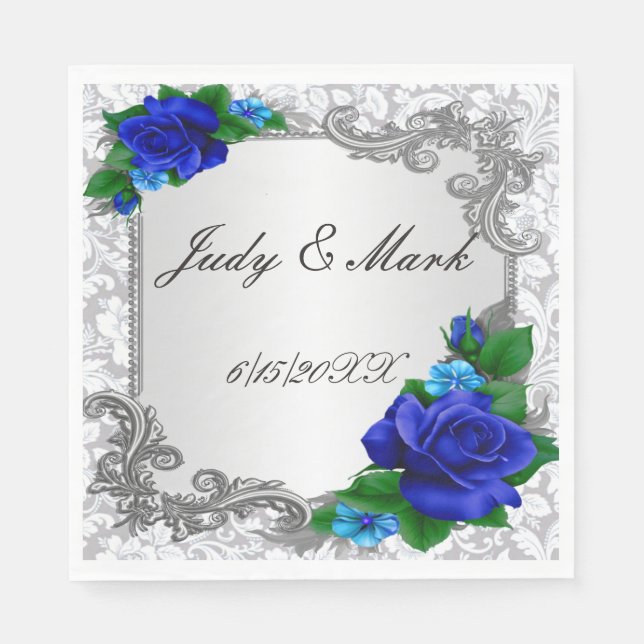 Elegant Blue Rose Hochzeitspapier Napkins Serviette (Vorderseite)