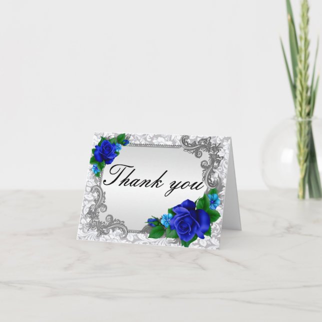 Elegant Blue Rose Wedding Dankeschön Card Einladung (Vorderseite)