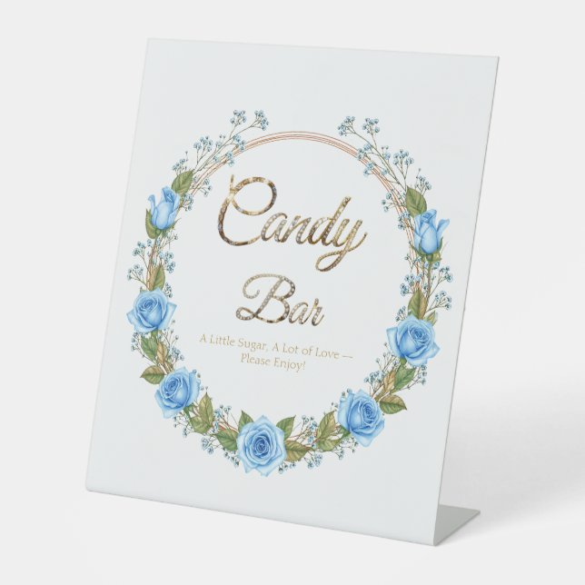 Elegant Blue Roses & Baby’s Breath Candy Bar Sockelschild (Vorderseite)