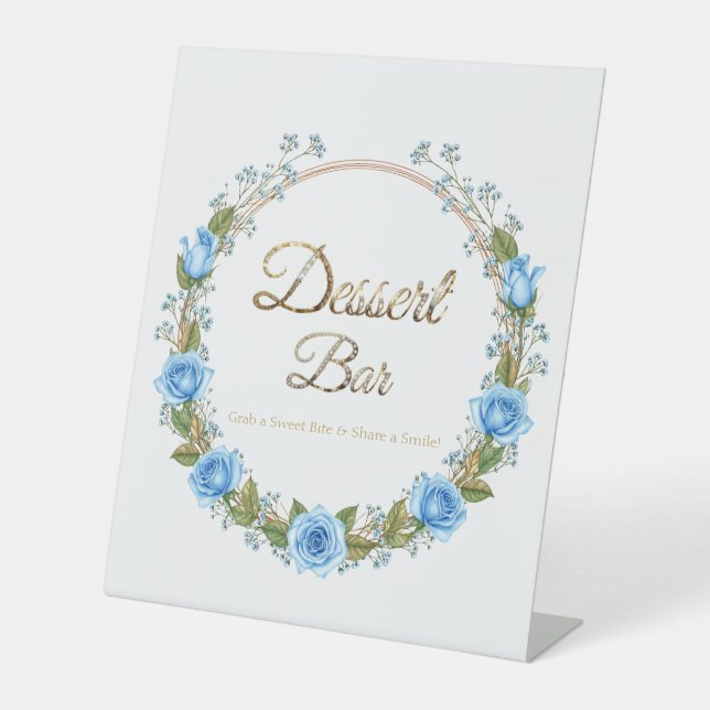 Elegant Blue Roses & Baby’s Breath Dessert Bar Sockelschild (Vorderseite)