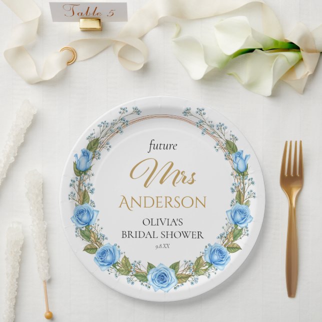 Elegant Blue Roses & Baby’s Breath  Pappteller (Hochzeit)