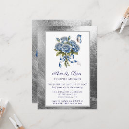 Elegant Blue Roses Butterfly Silver Couples Shower Einladung