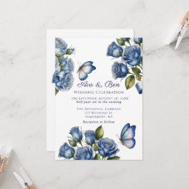 Elegant Blue Roses Butterfly Silver Wedding Einladung