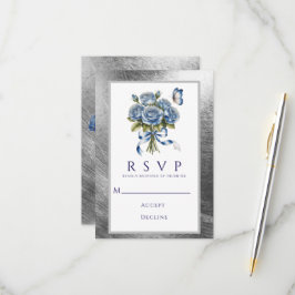 Elegant Blue Roses Butterfly Silver Wedding RSVP Karte