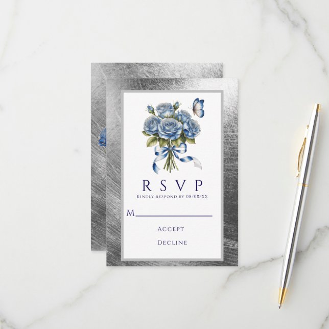 Elegant Blue Roses Butterfly Silver Wedding RSVP Karte (Vorderseite/Rückseite Beispiel)