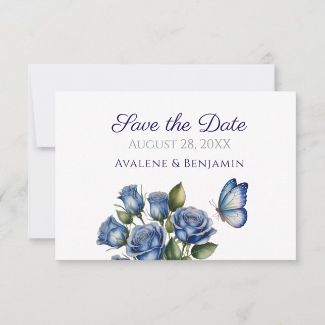 Elegant Blue Roses Butterfly Silver Wedding Save The Date (Vorderseite)