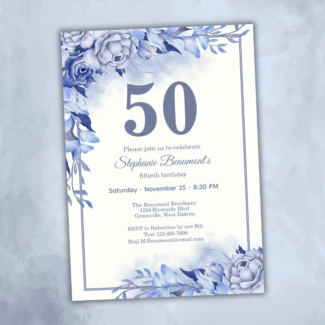Elegant Blue Roses Floral Women's 50th Birthday  Einladung (Von Creator hochgeladen)