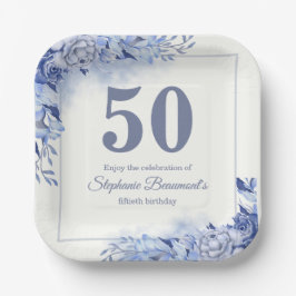 Elegant Blue Roses Floral Women's 50th Birthday  Pappteller