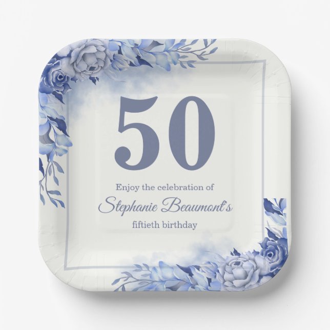Elegant Blue Roses Floral Women's 50th Birthday  Pappteller (Vorderseite)