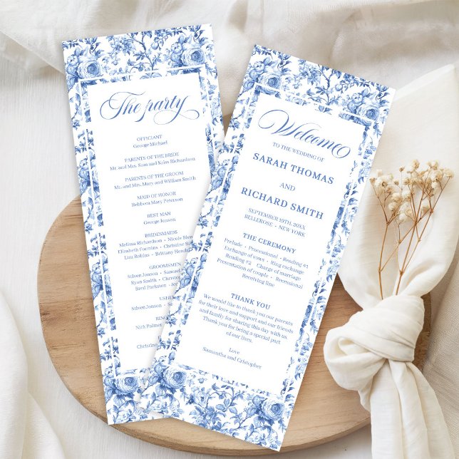 Elegant Blue Roses French Toile Wedding Program Programm (Elegant Blue Roses French Toile Wedding Program)