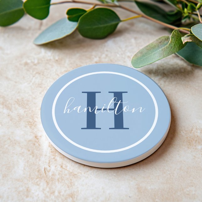 Elegant Blue Round Custom Monogram Initial Getränkeuntersetzer (Von Creator hochgeladen)