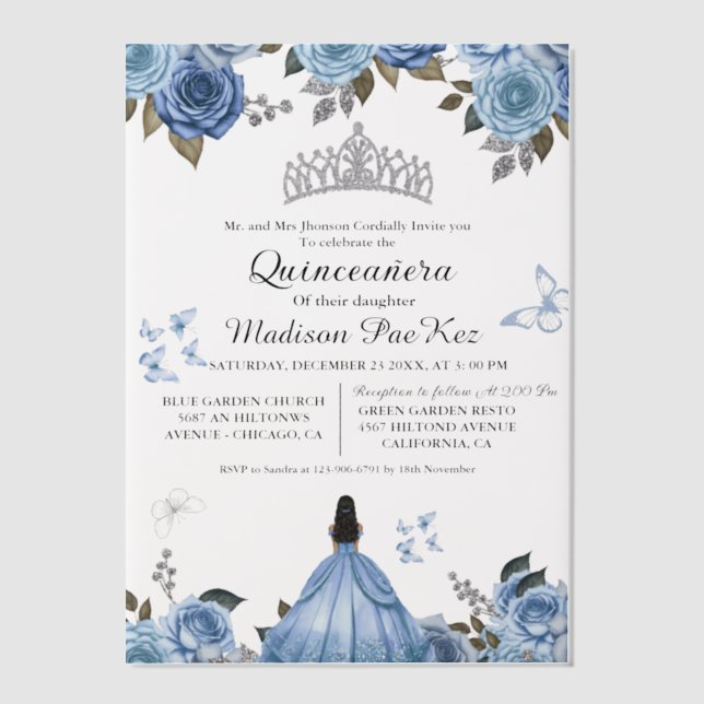 Elegant Blue Royal Floral Butterfly Quinceanera (Vorderseite)