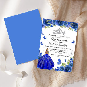 Elegant Blue Royal Floral Butterfly Quinceanera Einladung