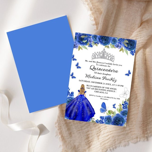 Elegant Blue Royal Floral Butterfly Quinceanera Einladung (Von Creator hochgeladen)