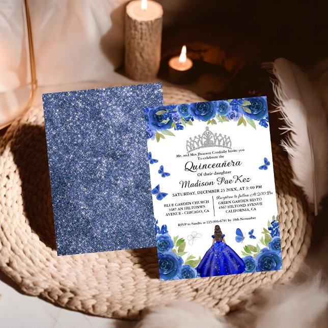Elegant Blue Royal Floral Butterfly Quinceanera Einladung (Von Creator hochgeladen)