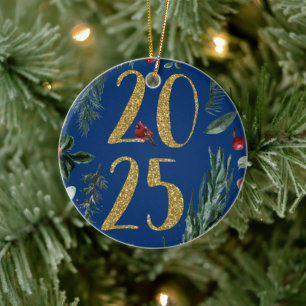 Elegant Blue Rustic 2025 New Years Holiday Card Keramik Ornament