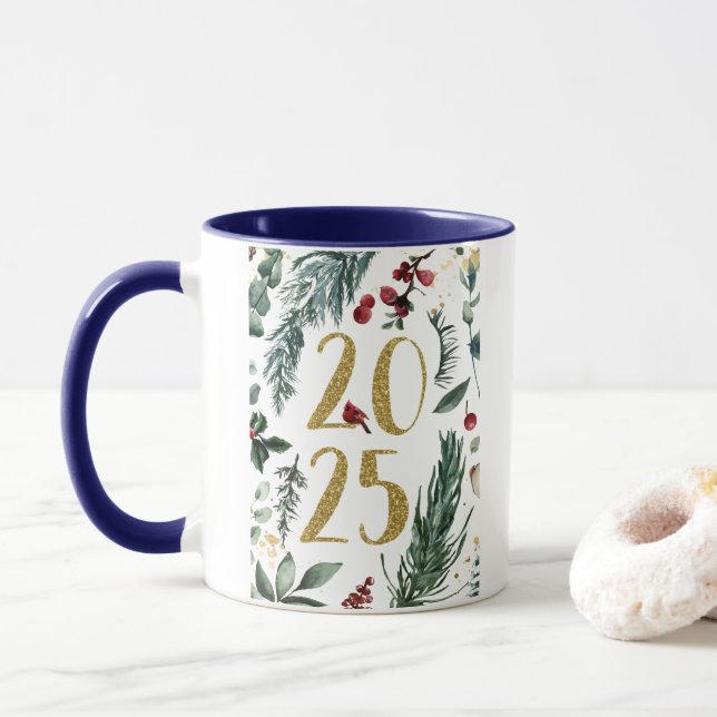 Elegant Blue Rustic 2025 New Years Holiday Card Tasse (Mit Donut)