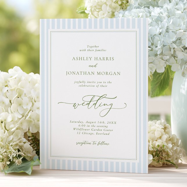 Elegant Blue & Sage Striped Wedding Invitation Einladung (Von Creator hochgeladen)