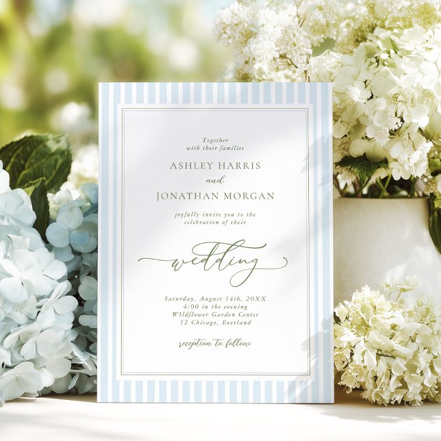 Elegant Blue & Sage Striped Wedding Invitation Einladung (Von Creator hochgeladen)