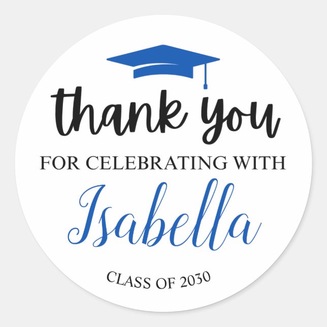 Elegant Blue Script Abschluss Vielen Dank Party Fa Runder Aufkleber (Vorderseite)