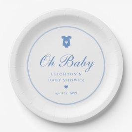 Elegant Blue Script Boys Oh Baby Shower Pappteller