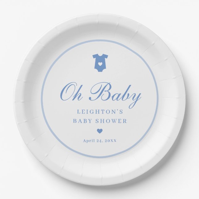 Elegant Blue Script Boys Oh Baby Shower Pappteller (Vorderseite)