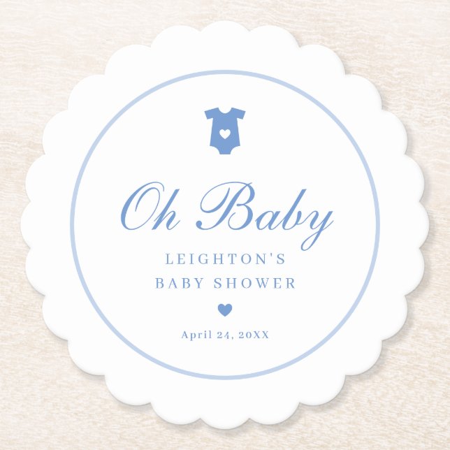 Elegant Blue Script Boys Oh Baby Shower Untersetzer (Vorderseite)