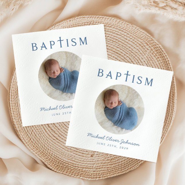 Elegant Blue Script Foto Taufe Serviette (Elegant Blue Script Photo Baptism Napkins)