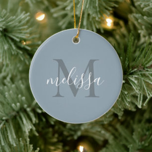 Elegant Blue Script Monogram Name Christmas Keramik Ornament