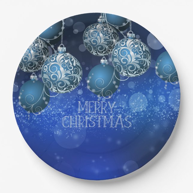 Elegant Blue & Silver Baubles Christmas Pappteller (Vorderseite)
