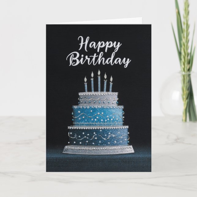 Elegant Blue Silver Birthday Cake Karte (Vorderseite)