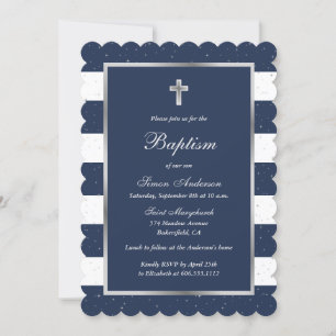 Elegant Blue Silver Cross Boy Taufe Einladung