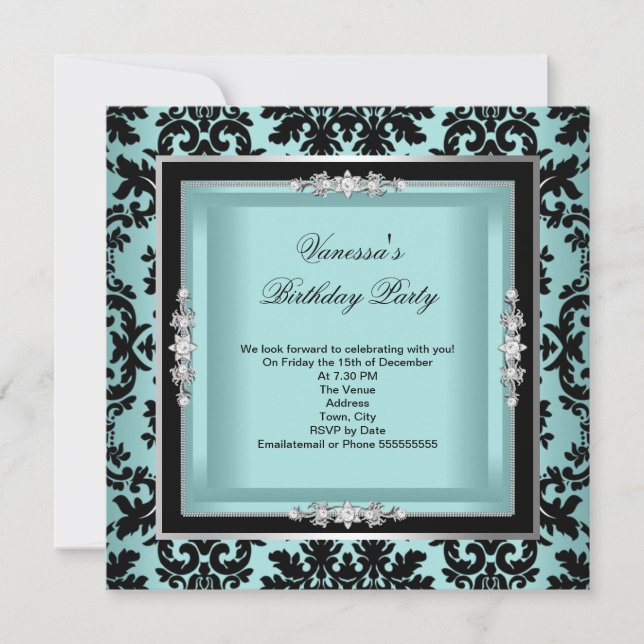 Elegant Blue Silver Damask Black Birthday Party Einladung (Vorderseite)