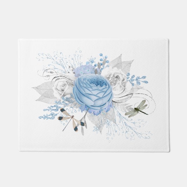 Elegant Blue Silver Dragonfly Floral Fußmatte (Vorderseite)